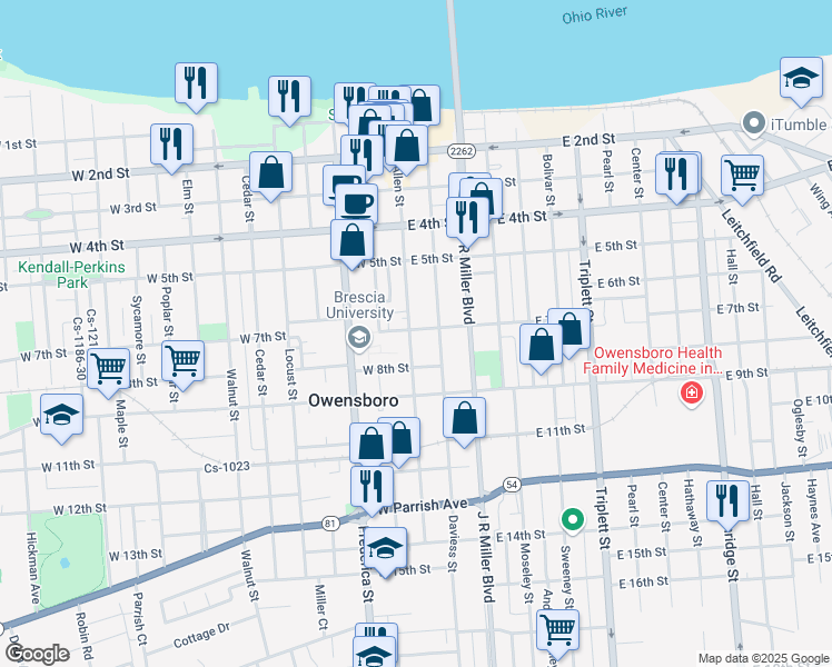 map of restaurants, bars, coffee shops, grocery stores, and more near 701 Allen Street in Owensboro