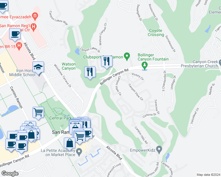 map of restaurants, bars, coffee shops, grocery stores, and more near 178 Copper Ridge Road in San Ramon
