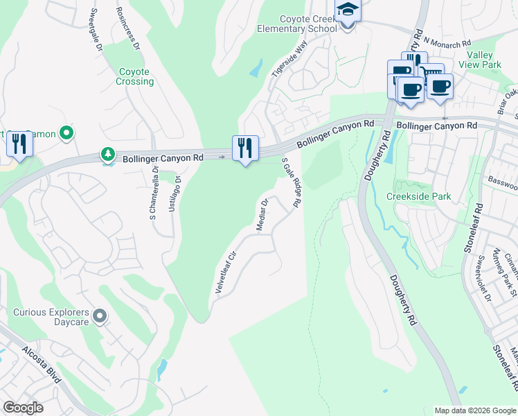 map of restaurants, bars, coffee shops, grocery stores, and more near 9344 Mediar Drive in San Ramon