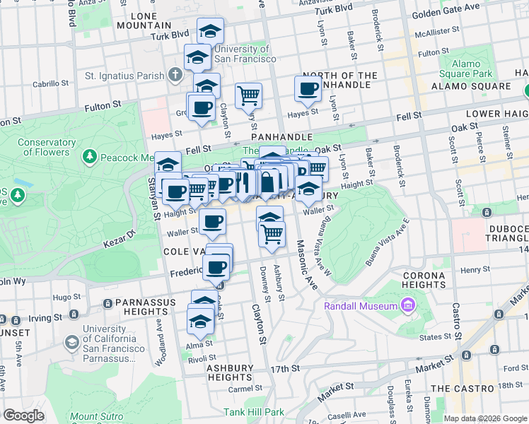 map of restaurants, bars, coffee shops, grocery stores, and more near 1465 Haight Street in San Francisco