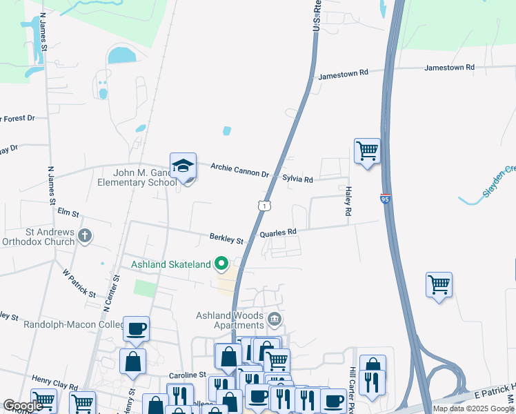 map of restaurants, bars, coffee shops, grocery stores, and more near 614 North Washington Highway in Ashland