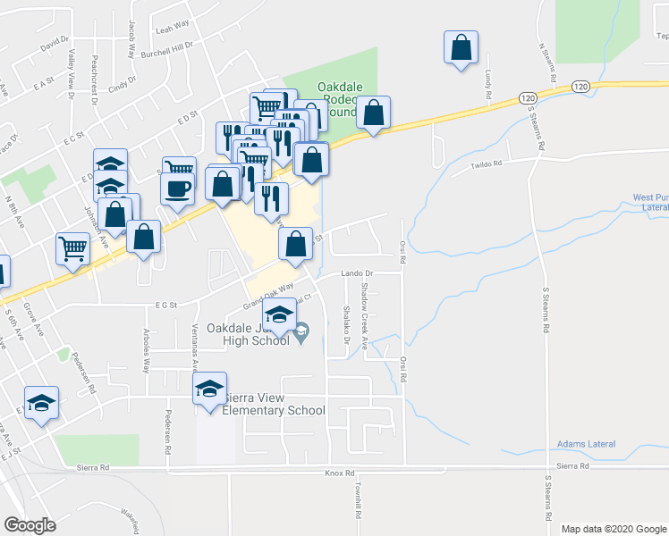 map of restaurants, bars, coffee shops, grocery stores, and more near 1570 Lando Drive in Oakdale