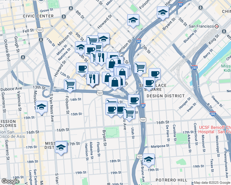map of restaurants, bars, coffee shops, grocery stores, and more near in San Francisco