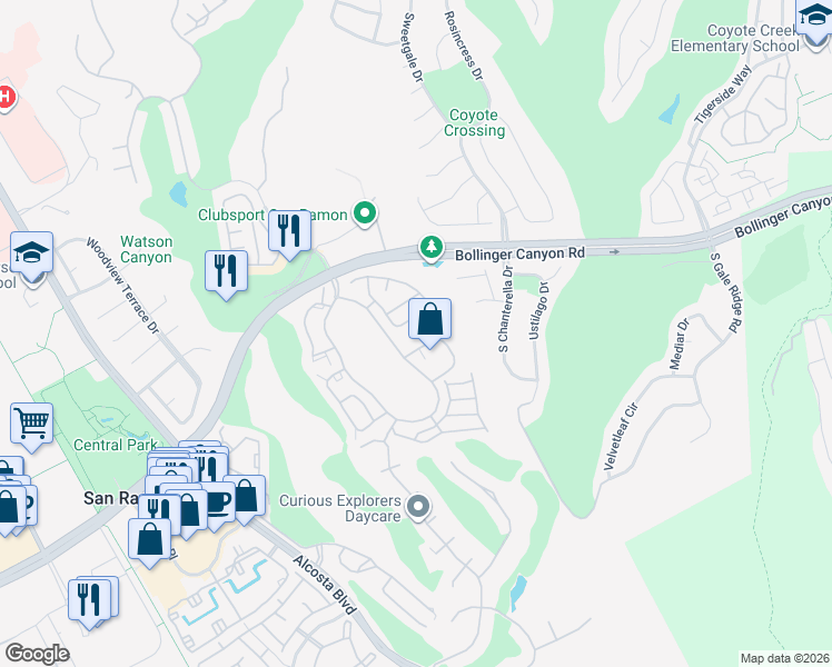 map of restaurants, bars, coffee shops, grocery stores, and more near 156 Victory Circle in San Ramon