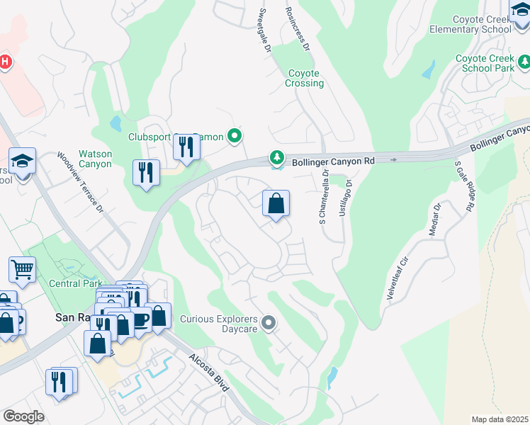 map of restaurants, bars, coffee shops, grocery stores, and more near 156 Victory Circle in San Ramon