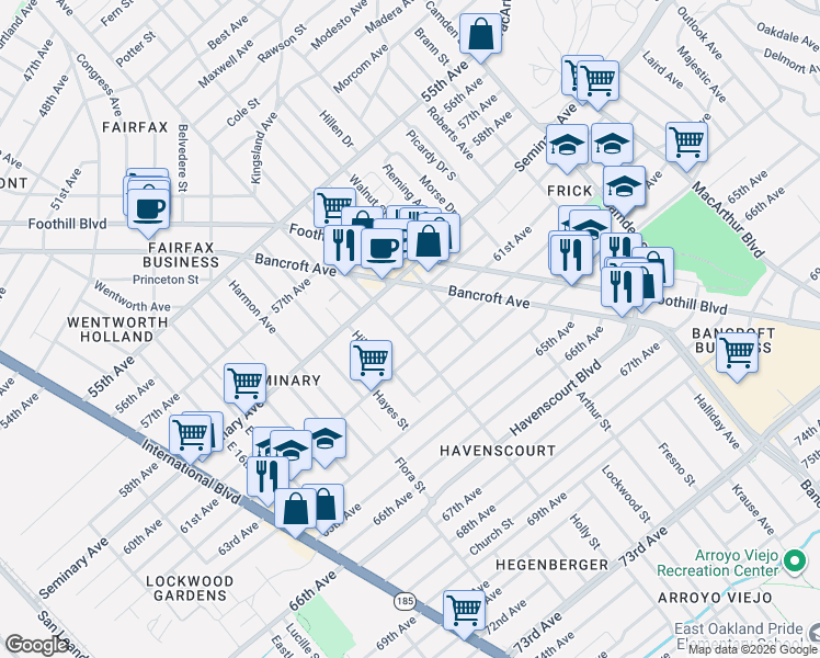 map of restaurants, bars, coffee shops, grocery stores, and more near 2451 60th Avenue in Oakland