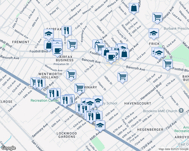 map of restaurants, bars, coffee shops, grocery stores, and more near 5730 Elizabeth Street in Oakland