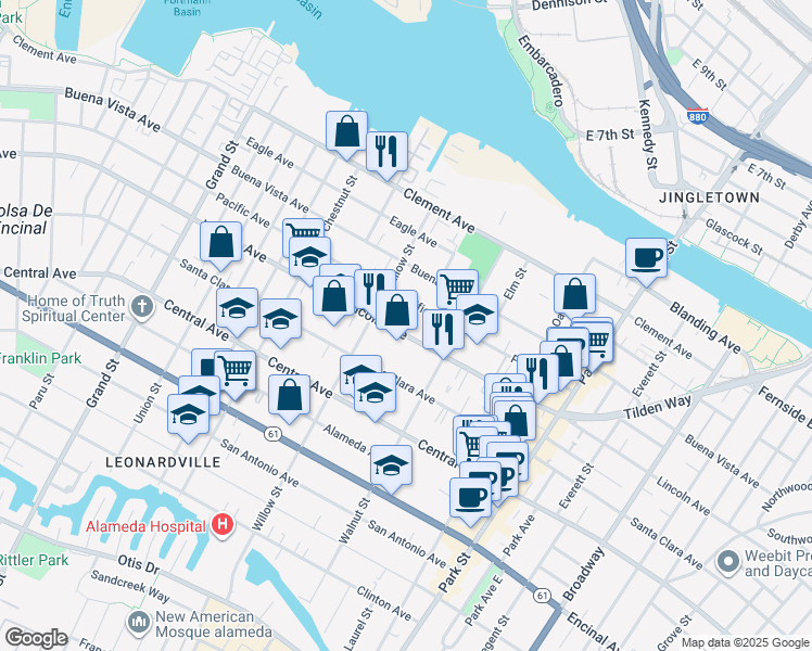 map of restaurants, bars, coffee shops, grocery stores, and more near 2118 Pacific Avenue in Alameda