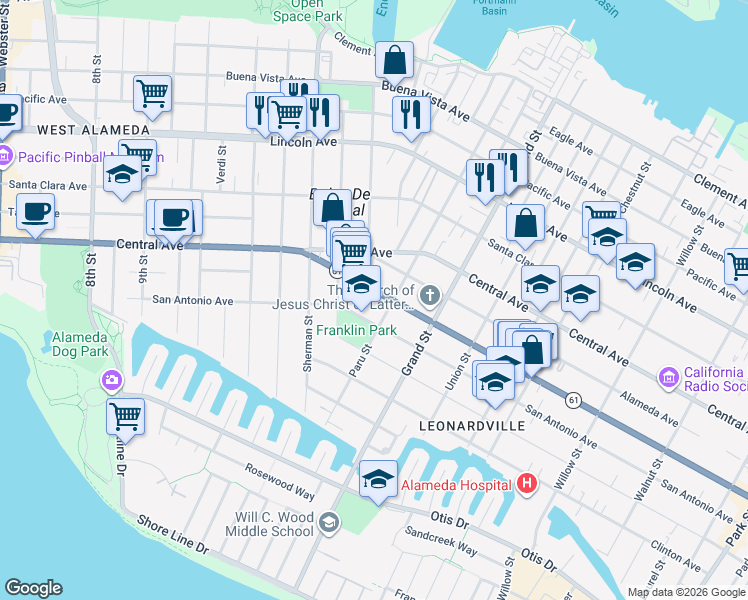 map of restaurants, bars, coffee shops, grocery stores, and more near 1519 Encinal Avenue in Alameda