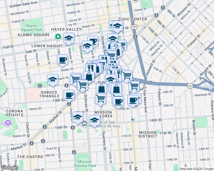 map of restaurants, bars, coffee shops, grocery stores, and more near in San Francisco