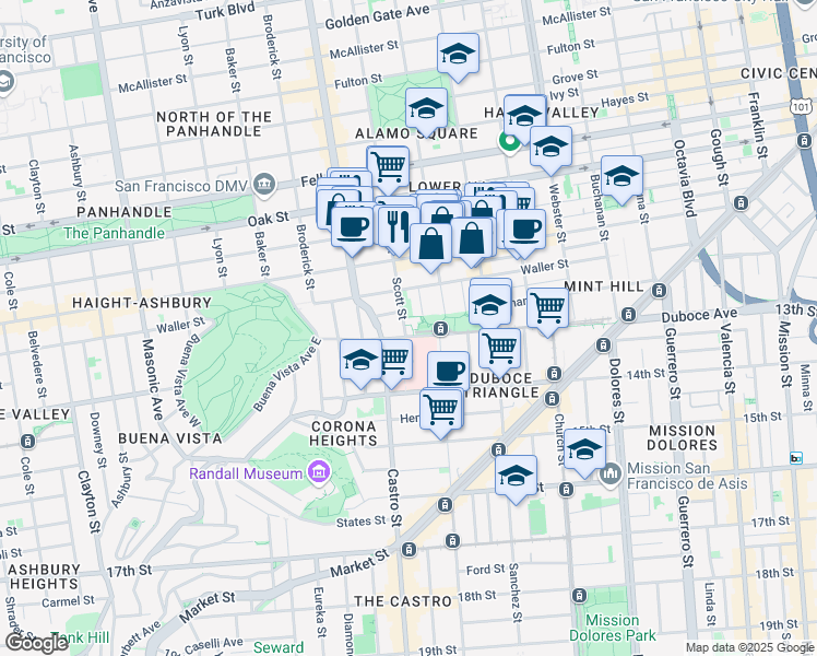 map of restaurants, bars, coffee shops, grocery stores, and more near 61 Carmelita Street in San Francisco