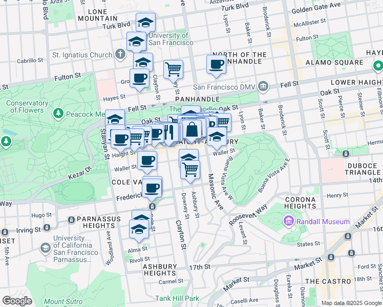map of restaurants, bars, coffee shops, grocery stores, and more near 1465 Haight Street in San Francisco