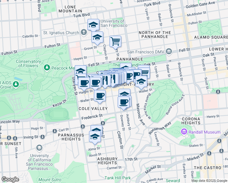 map of restaurants, bars, coffee shops, grocery stores, and more near 1556 Haight Street in San Francisco