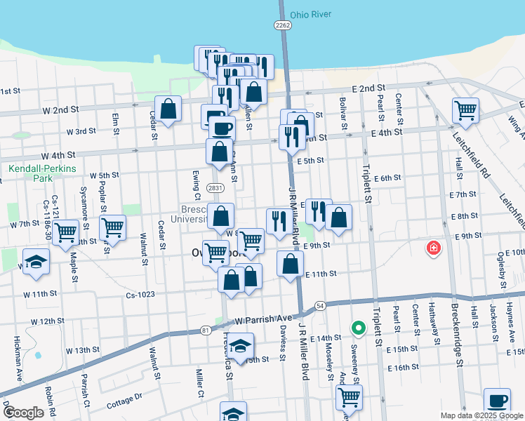 map of restaurants, bars, coffee shops, grocery stores, and more near 610 Allen Street in Owensboro