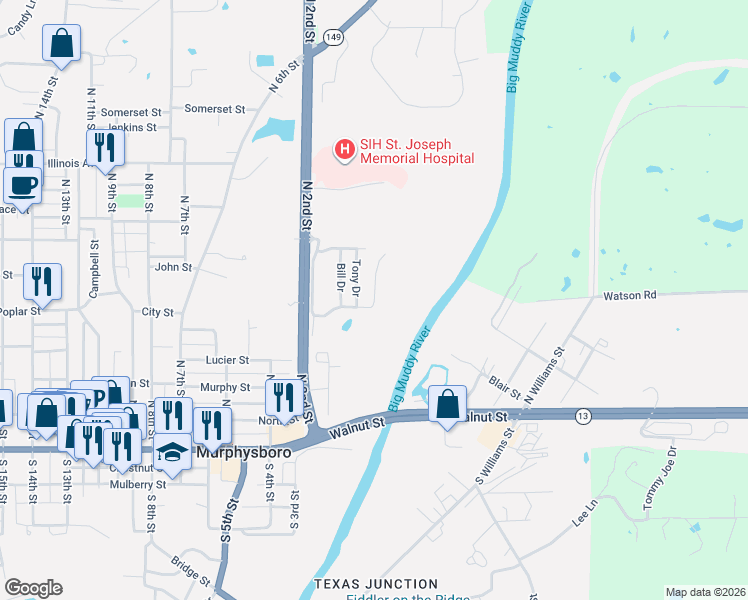 map of restaurants, bars, coffee shops, grocery stores, and more near Stephen Drive in Murphysboro