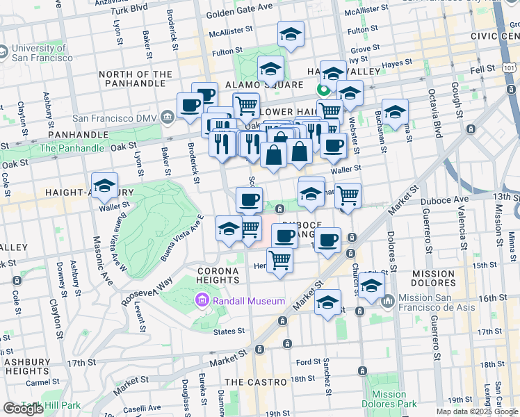map of restaurants, bars, coffee shops, grocery stores, and more near 50 Scott Street in San Francisco