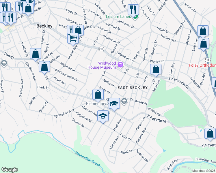map of restaurants, bars, coffee shops, grocery stores, and more near 115 Miller Street in Beckley