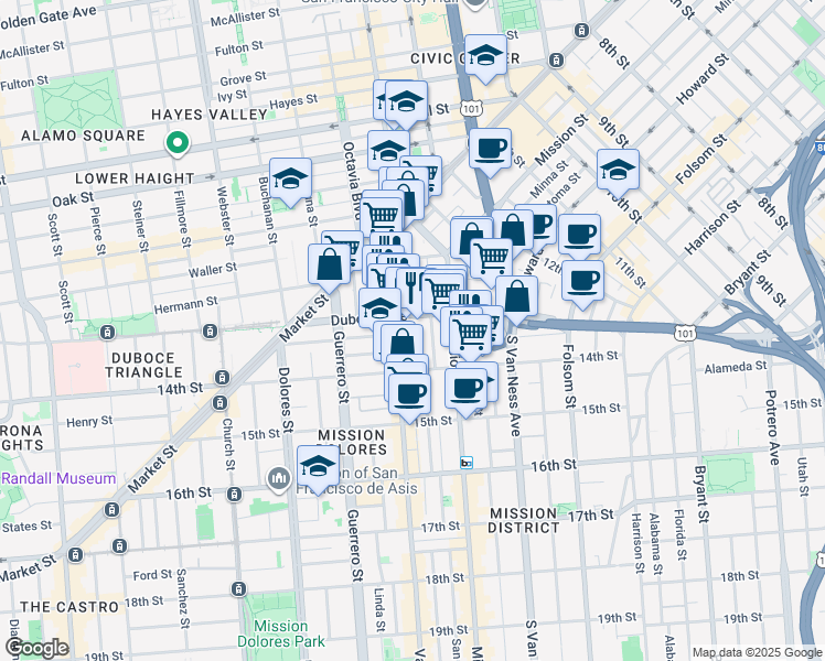 map of restaurants, bars, coffee shops, grocery stores, and more near 83 Duboce Avenue in San Francisco