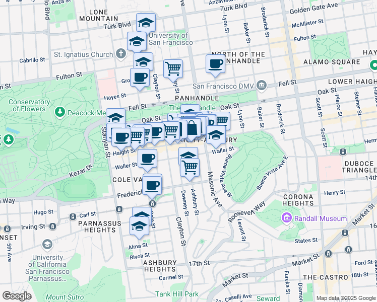 map of restaurants, bars, coffee shops, grocery stores, and more near 640 Ashbury Street in San Francisco