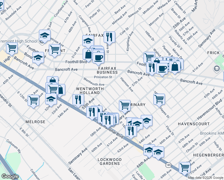 map of restaurants, bars, coffee shops, grocery stores, and more near 5533 Edgerly Street in Oakland