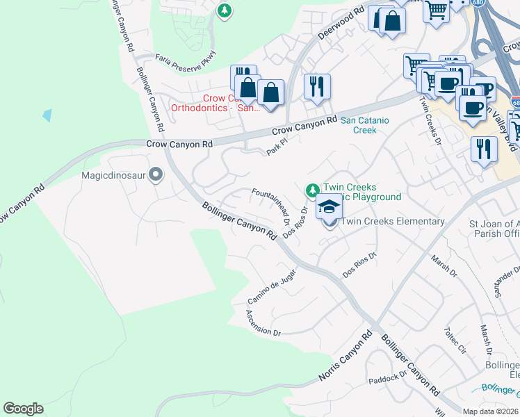 map of restaurants, bars, coffee shops, grocery stores, and more near 2761 Fountainhead Drive in San Ramon