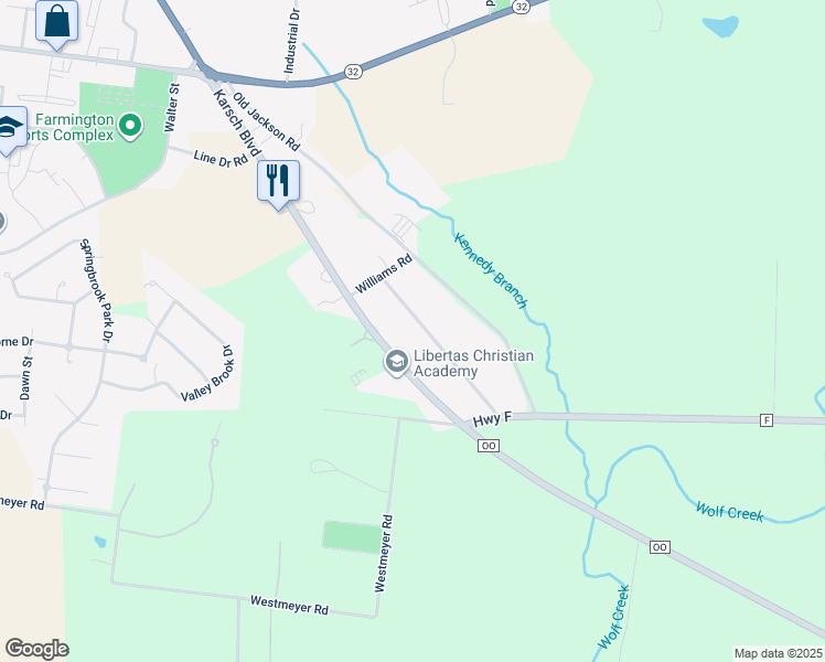 map of restaurants, bars, coffee shops, grocery stores, and more near 1221 Karsch Boulevard in Farmington