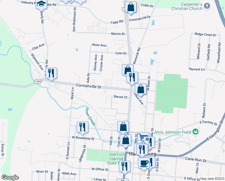map of restaurants, bars, coffee shops, grocery stores, and more near 371 Cornishville Street in Harrodsburg