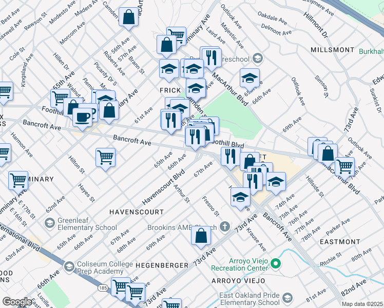 map of restaurants, bars, coffee shops, grocery stores, and more near 6625 Bancroft Avenue in Oakland