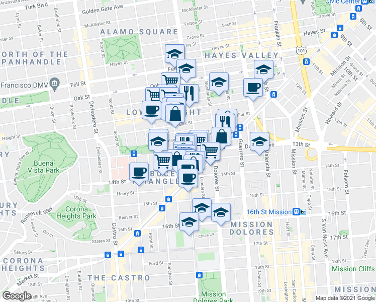 map of restaurants, bars, coffee shops, grocery stores, and more near Duboce Ave & Church St in San Francisco