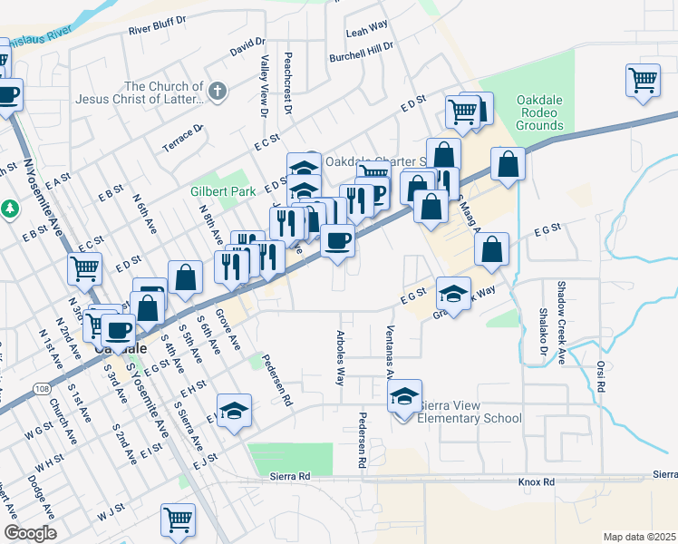 map of restaurants, bars, coffee shops, grocery stores, and more near 1275 East F Street in Oakdale