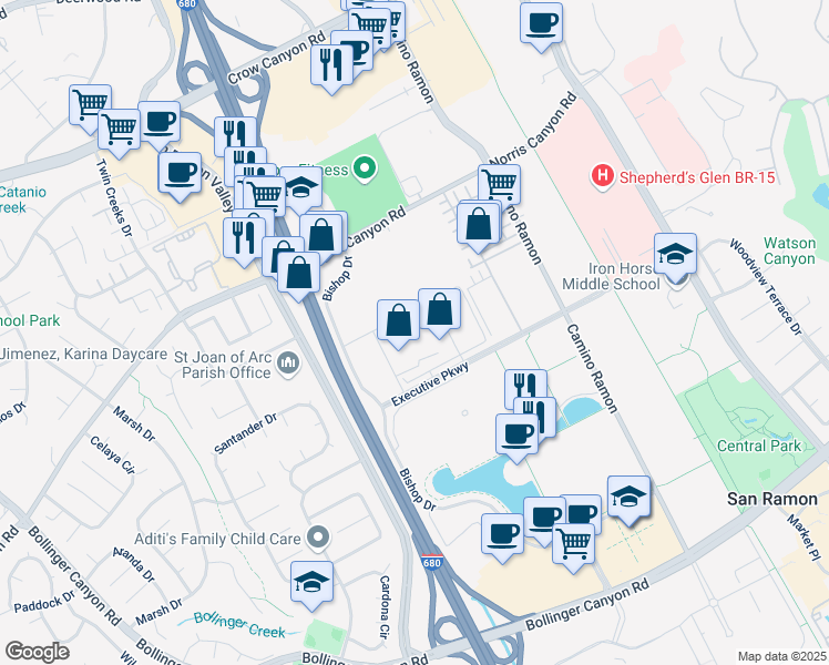 map of restaurants, bars, coffee shops, grocery stores, and more near 4000 Executive Parkway in San Ramon