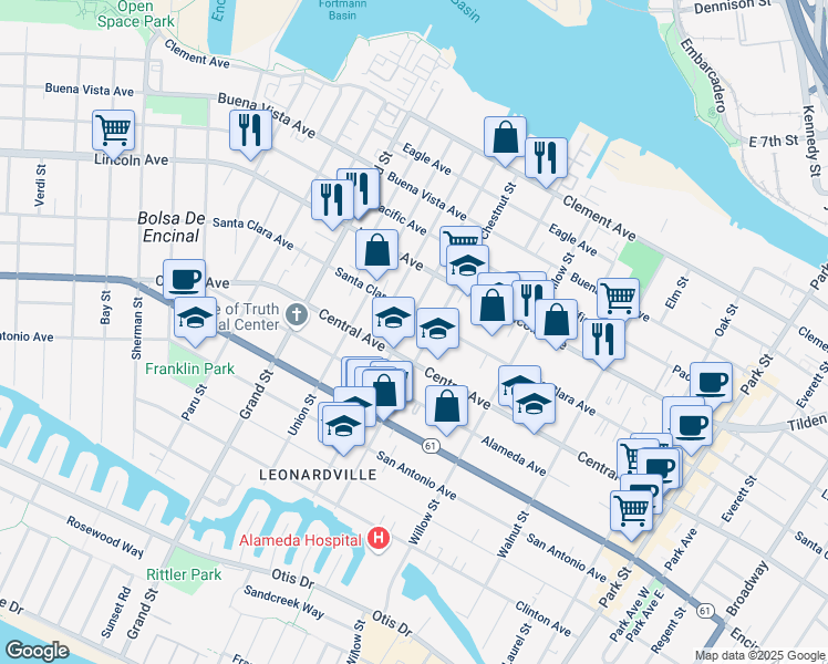 map of restaurants, bars, coffee shops, grocery stores, and more near in Alameda