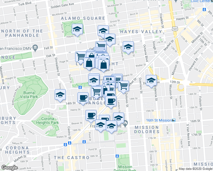 map of restaurants, bars, coffee shops, grocery stores, and more near in San Francisco