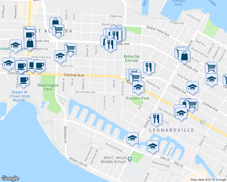 map of restaurants, bars, coffee shops, grocery stores, and more near 1305 Bay Street in Alameda