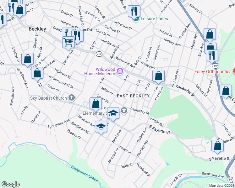 map of restaurants, bars, coffee shops, grocery stores, and more near 301 F Street in Beckley