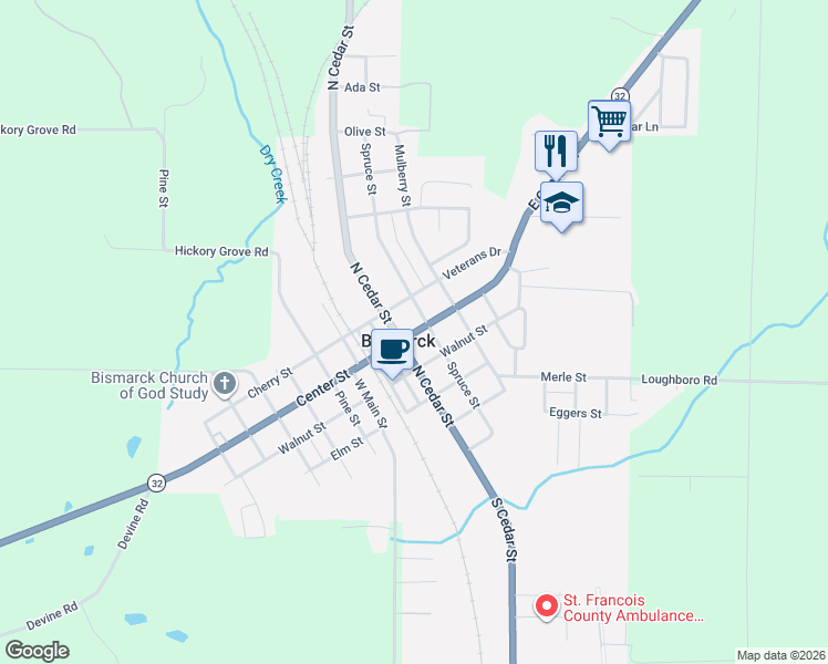 map of restaurants, bars, coffee shops, grocery stores, and more near 811 Center Street in Bismarck
