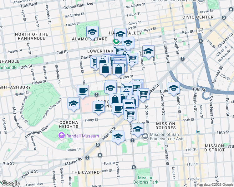 map of restaurants, bars, coffee shops, grocery stores, and more near 462 Duboce Avenue in San Francisco