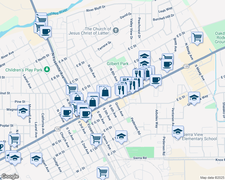 map of restaurants, bars, coffee shops, grocery stores, and more near 804 East E Street in Oakdale