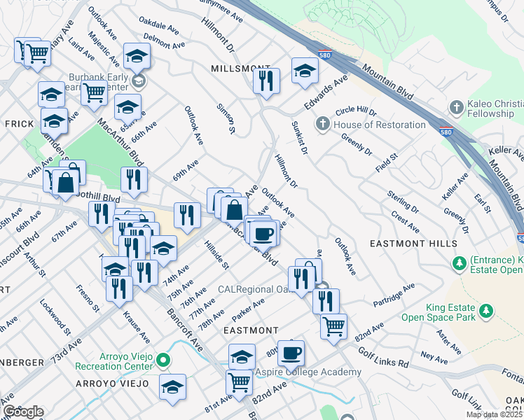map of restaurants, bars, coffee shops, grocery stores, and more near 2956 75th Avenue in Oakland