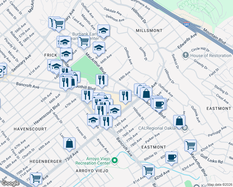 map of restaurants, bars, coffee shops, grocery stores, and more near in Oakland