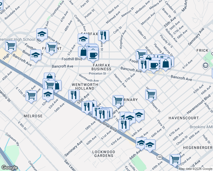 map of restaurants, bars, coffee shops, grocery stores, and more near in Oakland