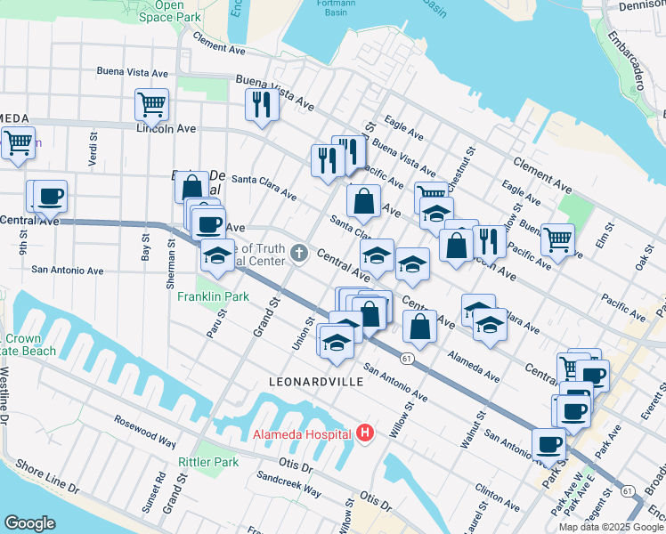 map of restaurants, bars, coffee shops, grocery stores, and more near 1728 Central Avenue in Alameda