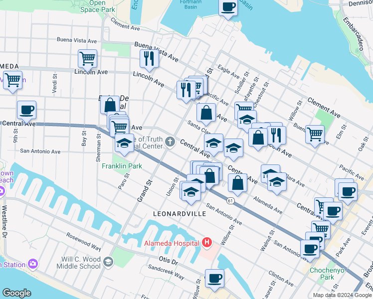 map of restaurants, bars, coffee shops, grocery stores, and more near 1728 Central Avenue in Alameda