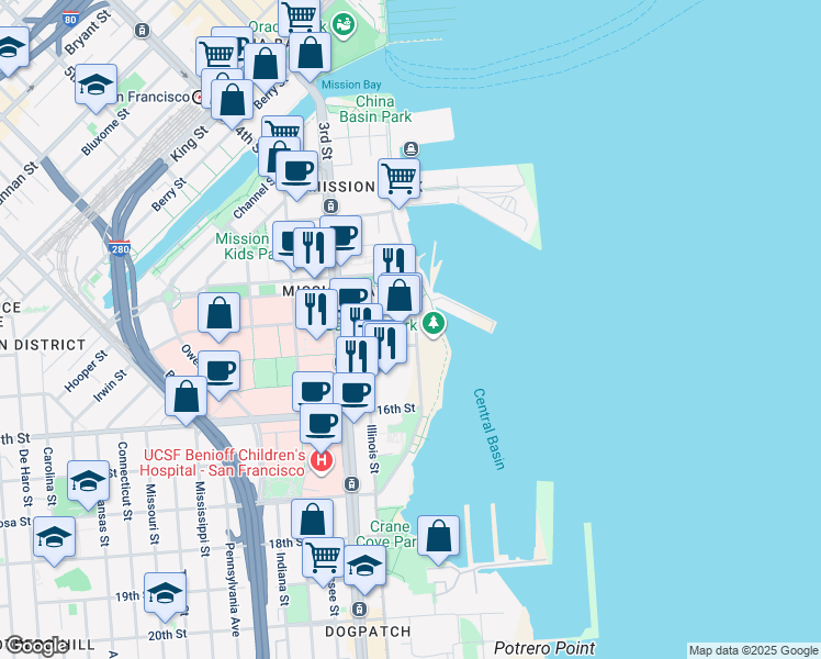 map of restaurants, bars, coffee shops, grocery stores, and more near 500 Terry A Francois Boulevard in San Francisco