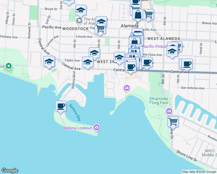 map of restaurants, bars, coffee shops, grocery stores, and more near 548 Queen's Road in Alameda