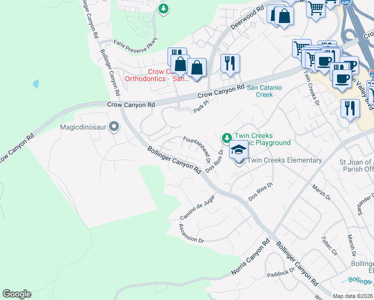 map of restaurants, bars, coffee shops, grocery stores, and more near 2717 Fountainhead Drive in San Ramon