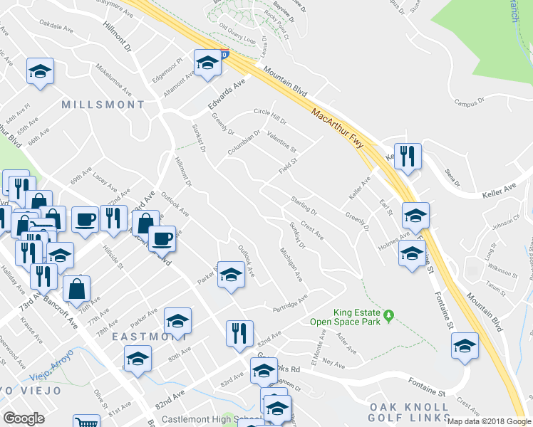 map of restaurants, bars, coffee shops, grocery stores, and more near 7756 Sunkist Drive in Oakland