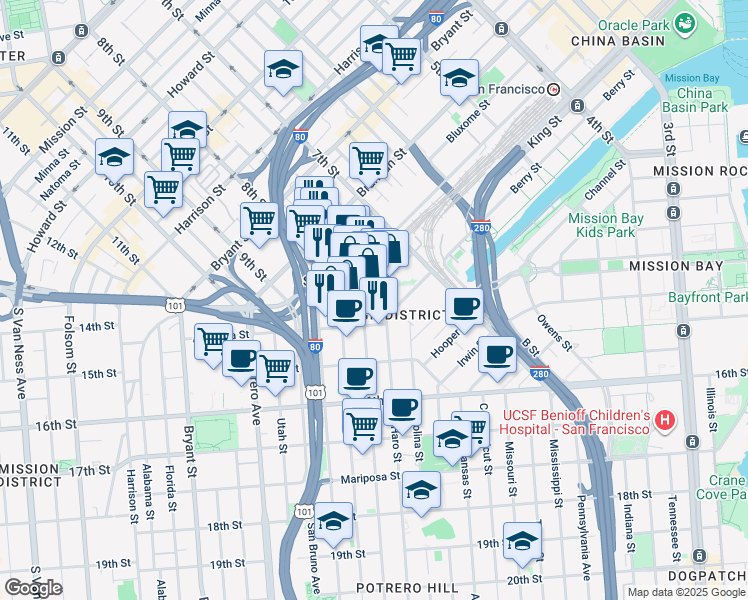 map of restaurants, bars, coffee shops, grocery stores, and more near in San Francisco