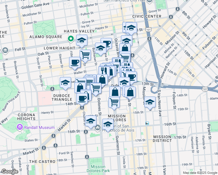 map of restaurants, bars, coffee shops, grocery stores, and more near 225 Duboce Avenue in San Francisco