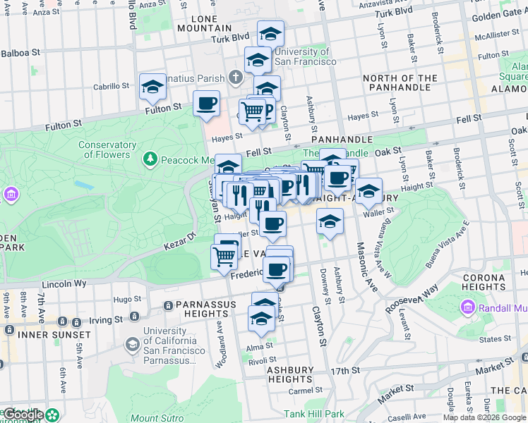map of restaurants, bars, coffee shops, grocery stores, and more near Haight St & Cole St in San Francisco